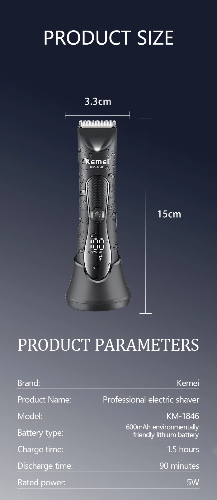 Kemei KM-1846 IPX7 Wasserdichter Haarschneider für den Intimbereich Elektrischer Haarentferner mit LED-Anzeige Bikini-Rasierer – Detail 8