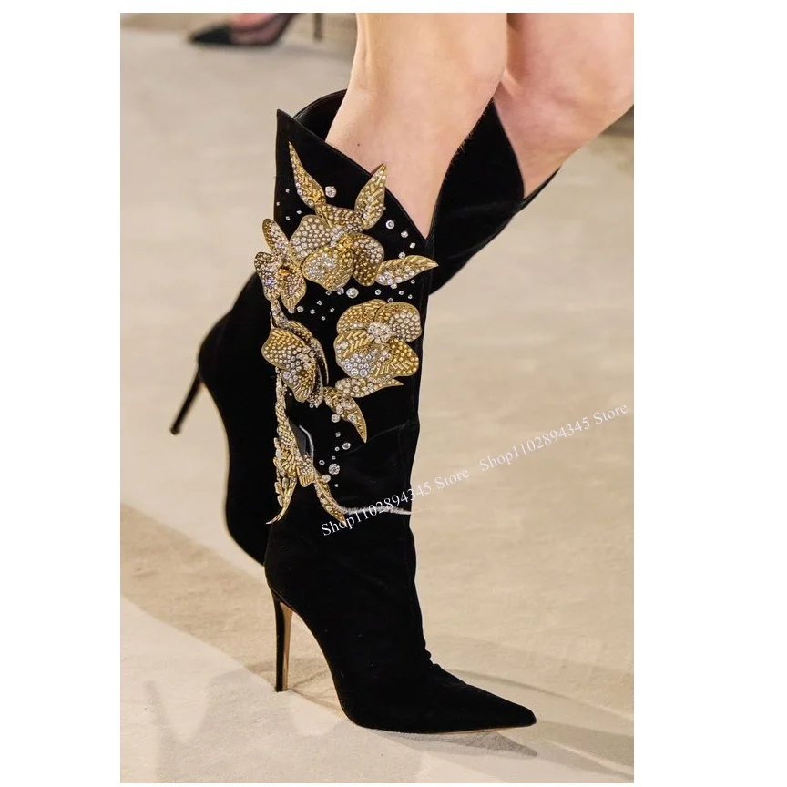 

Black Flower Decor Knee High Crystal Boots Thin High Heel Fashion Sexy Cool 2024 Winter Big Size Woman Shoes Zapatillas Mujer