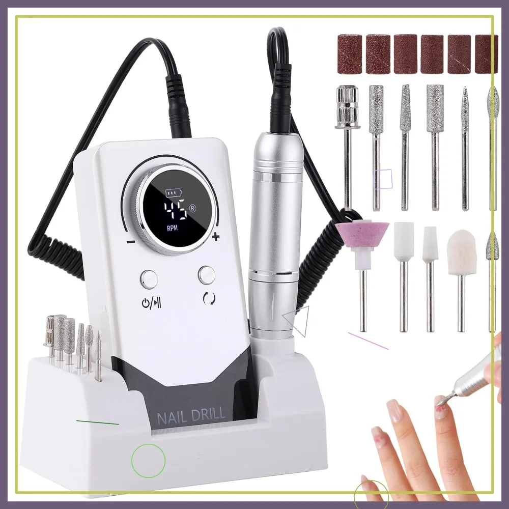

Электрическая дрель для ногтей 45000 об/мин, перезаряжаемая, портативная, с умным ЖК-экраном, для гель-маникюра, педикюра, набор для самостоятельного использования, белая