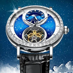 Starry Tourbillon Skeleton Automatic Watch for Men Luxury Diamond Moon Phase Mechanical Mens Watches Waterproof Montre Homme New