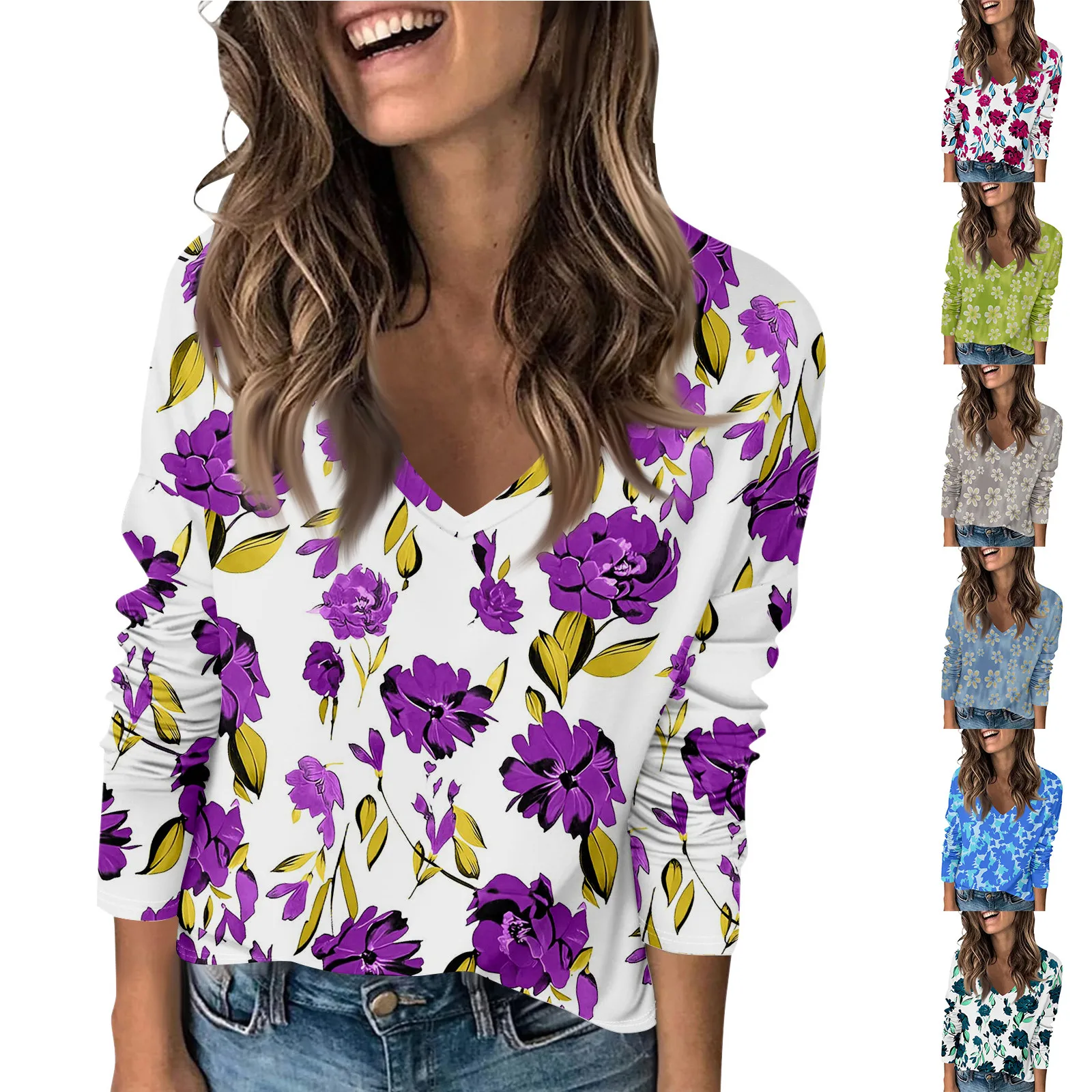 Playeras De Mujeres Dames Modieus Casual Lange mouwen Retro Bloemenprint V-hals Top Dames T-shirts Dameskleding