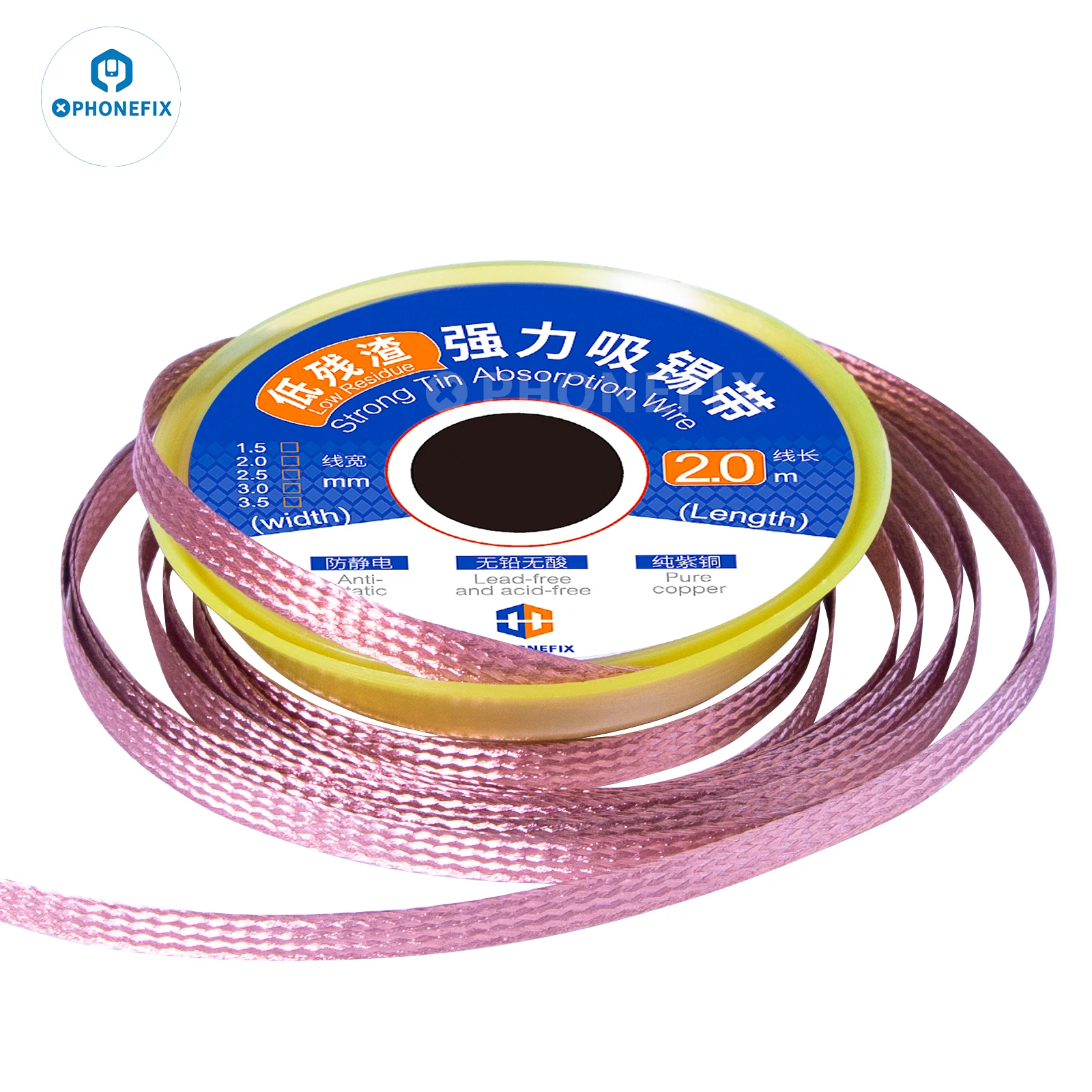 1/3/5/10PCS PHONEFIX 1.5-3.5mm Width 2M Length Desoldering Braid Welding Solder Remover Wick Wire Lead Cord Flux PCB Repair