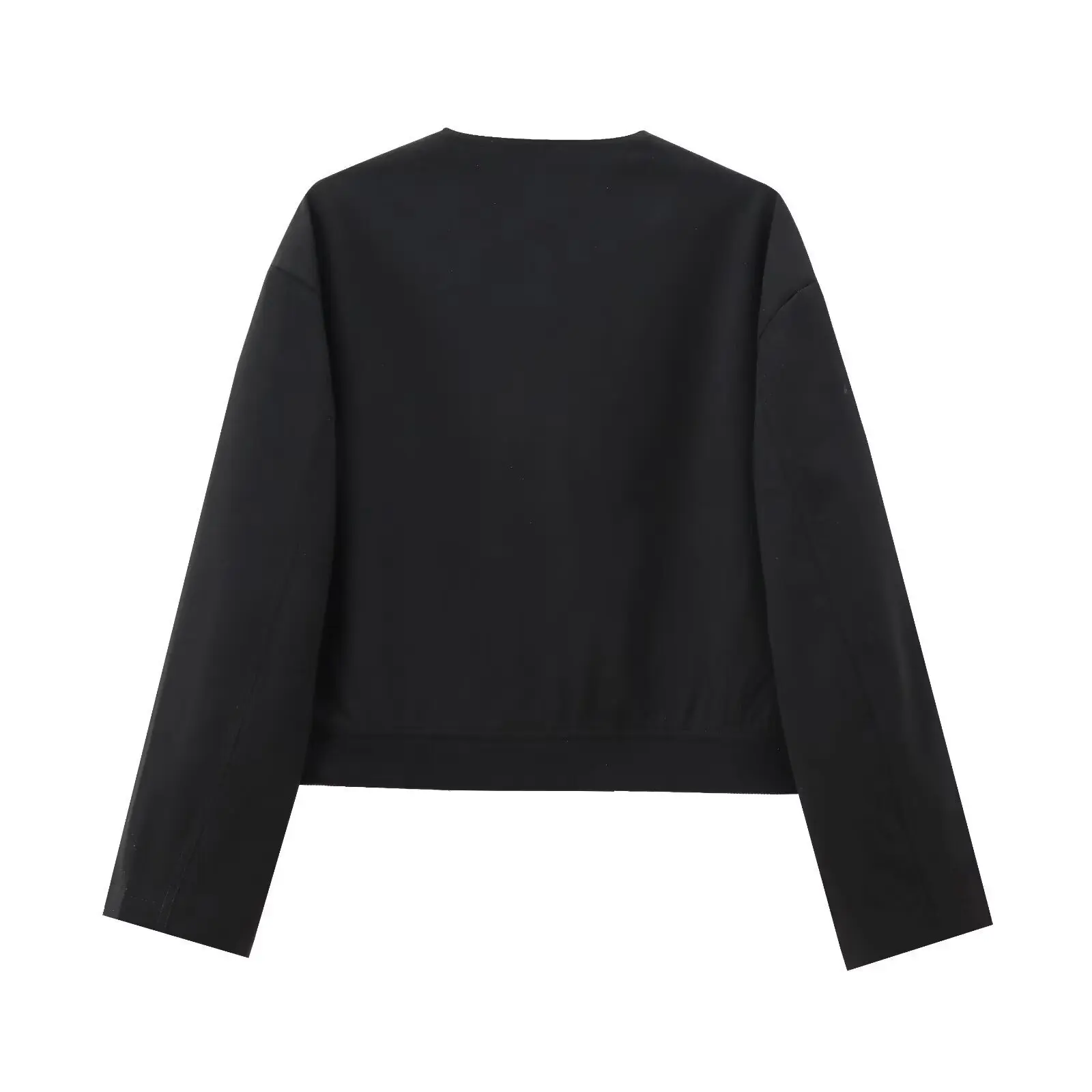 Maxdutti Autumn Women's Clothing Minimalist Black Bomber Jacket Retro Large Pocket Round Neck Suit Jacket Women