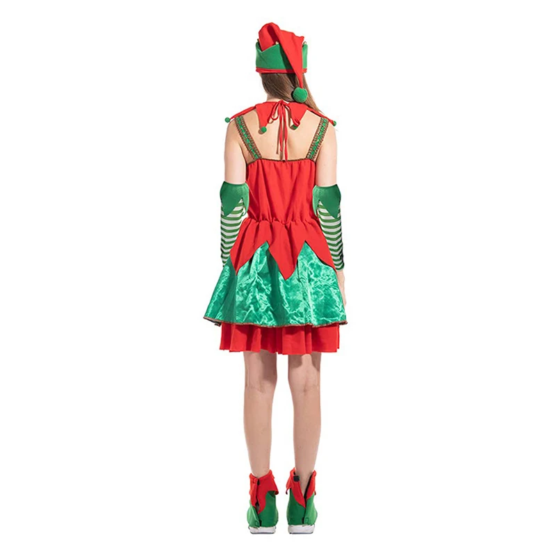 Conjunto de fantasia de elfo de Natal feminino com vestido sem mangas, chapéu e mangas de braço para cosplay, roupas de festa de dramatização – fofo e