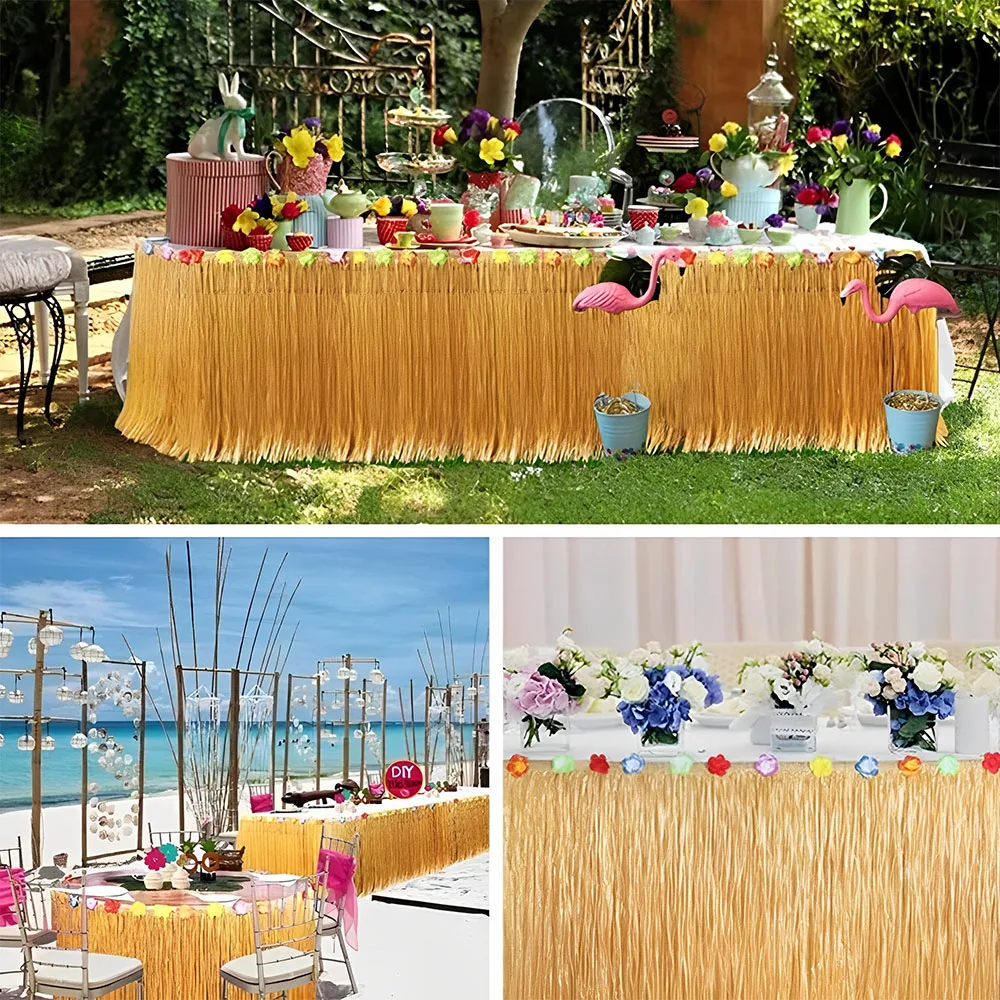 Luau Grass Table Skirt Tropical Hawaiian Hula Luau Party Decoration  Straw Color Table Skirt for Summer Hawaii Party Supplies