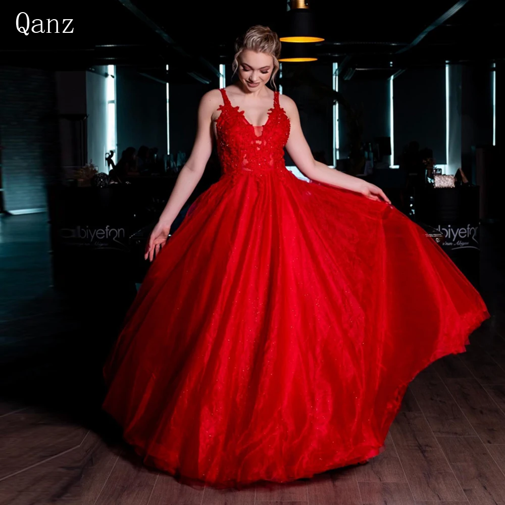 

Qanz A-line Tulle Evening Dresses Sweetheart Spaghetti Straps Vestidos De Noche Appliques Party Dresses Ladies Robes De Soirée