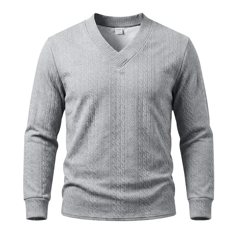 2026 Men's V-Neck Heavy Jacquard Knitted Sweater, Stretch Solid Color Casual Long Sleeve Pullover