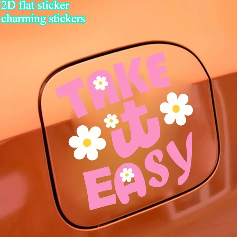 1pc 2D Flat Take It Easy Daisy Text Waterproof Vinyl Sticker For Car Fuel Tank Window Windshield Decor