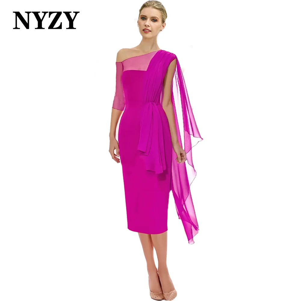 NYZY-vestidos de gasa de un hombro para madre de la novia, ropa de invitados de fiesta de boda corta, Vestidos de Noche de cóctel, color rojo, C354, 2024