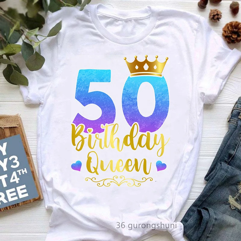 2024 Hot Sale Watercolor 50th Birthday Queen Print T Shirt Women Birthday Gift Tshirt Female Summer Tops Fashion T-Shirt Female