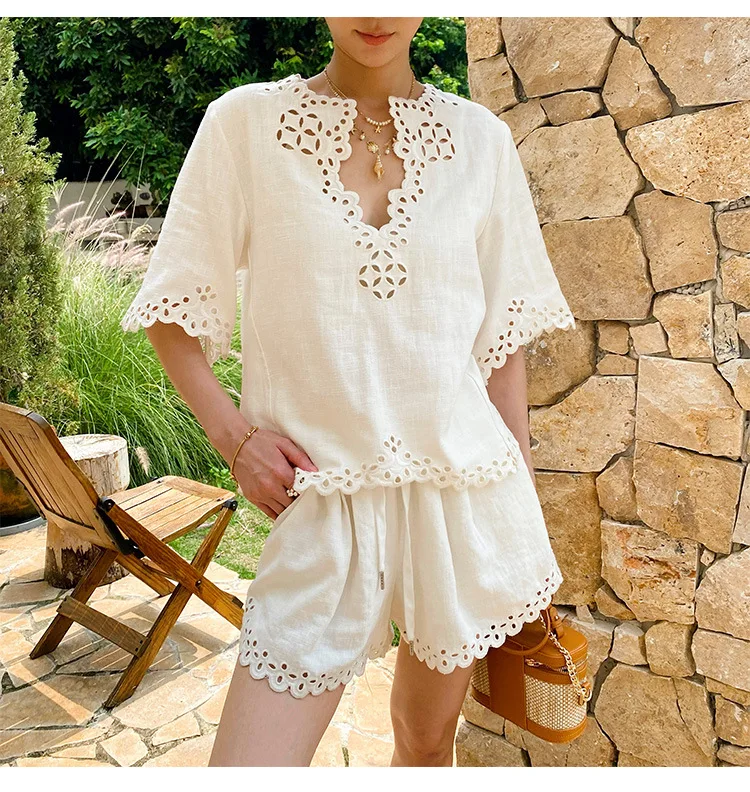 Summer White Linen Blouse Shirt Women Hollow Out Lace Embroidery V Neck Loose Short Sleeve Elegant French Casual Ladies Tops New - view 3