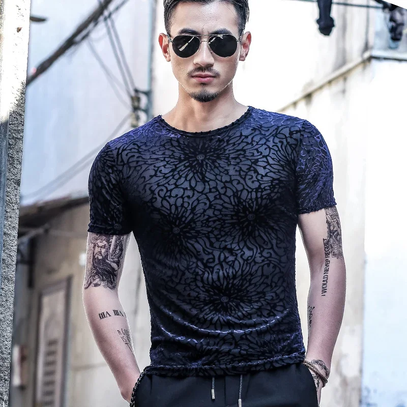 Male Tees Shirts Slim Fit Men's T-shirt Graphic Tops Muscles Mesh Skinny Rock Drawings Korean Clothing Luxury High Quality Cool