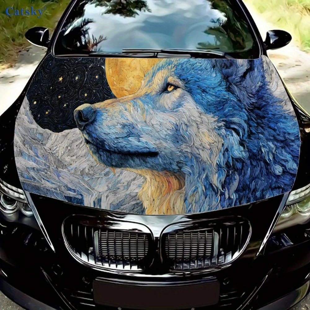Blue Wolf & Yellow Moon - Waterfall Car Hood Sticker, Personalized & Trendy Auto Art Decal, Self-adhesive Waterproof Car Exterio