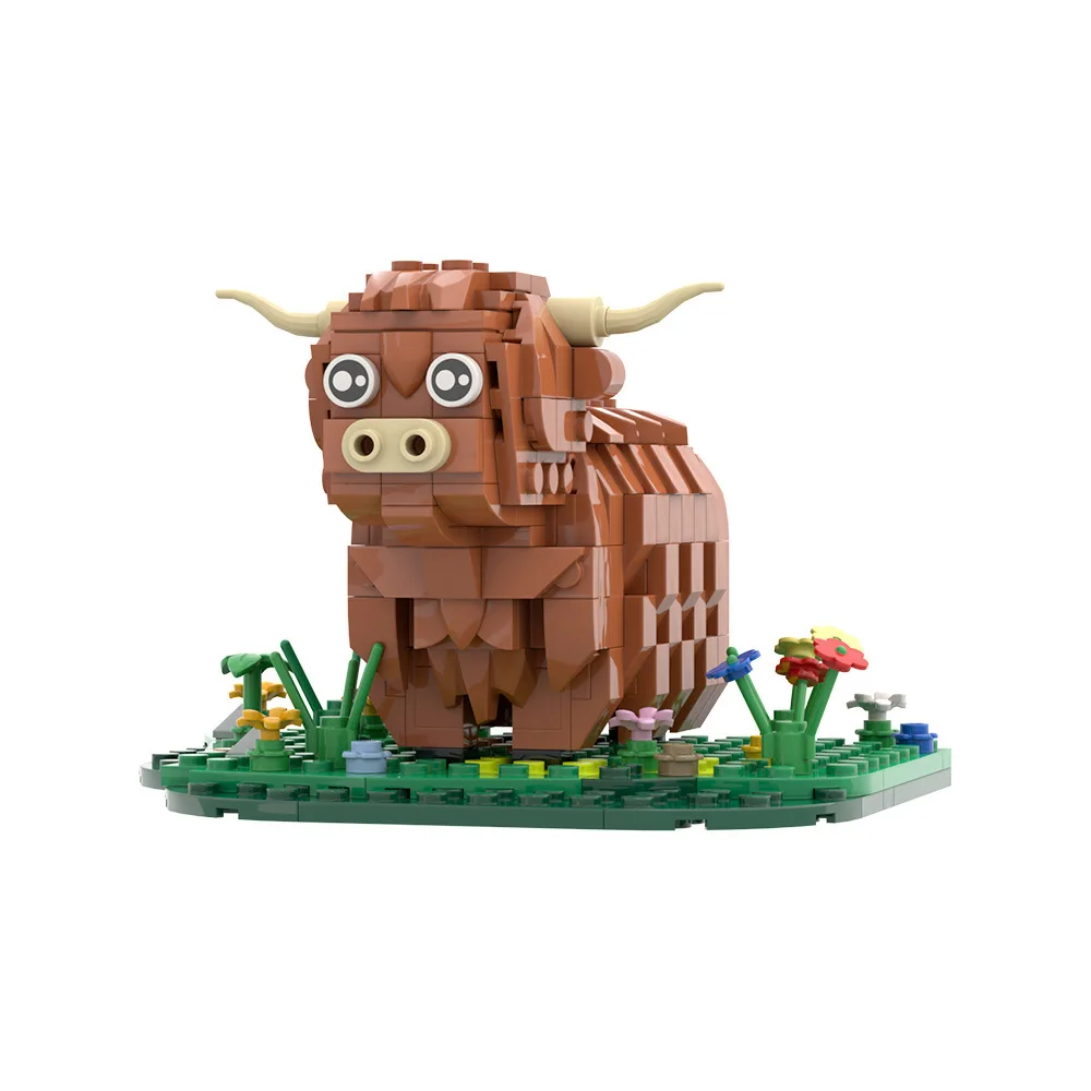 MOC Animals Prairie Highland Cattle Grazing Animals Building Blocks Assembly Model Bricks Toys Collection Friends Holiday Gift