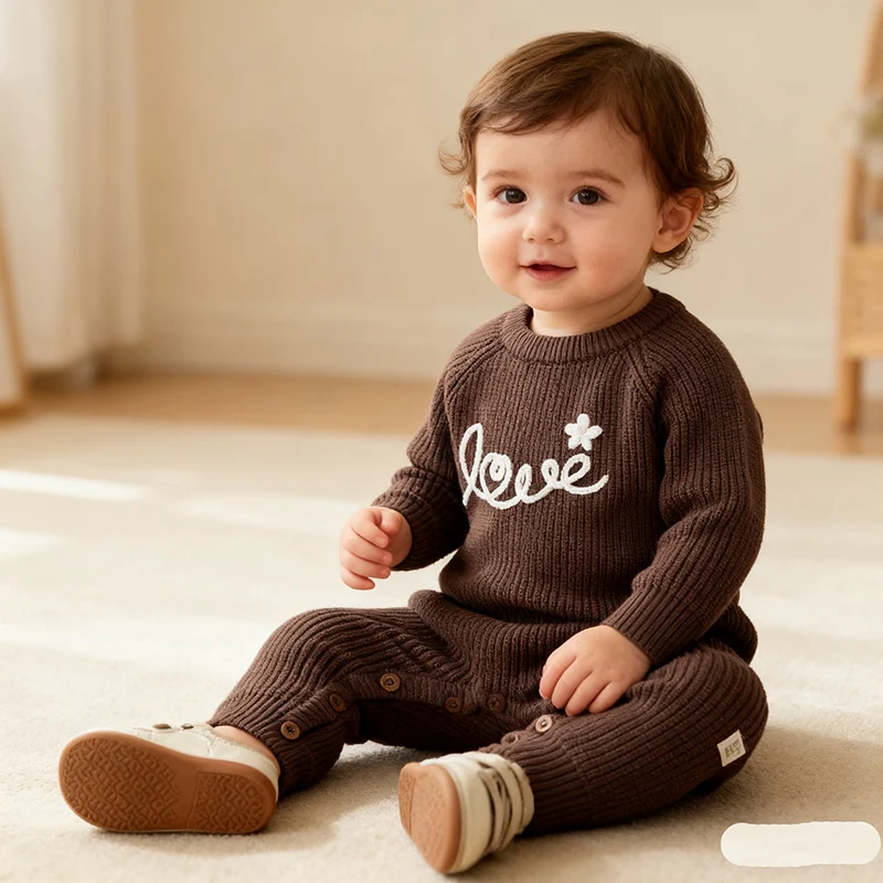 ربيع جديد 2026 ملابس 0-24 متر لحديثي الولادة والأولاد والبنات رومبير محبوك بأكمام طويلة مطرز بدلة قفز محبوكة للأطفال الرضع