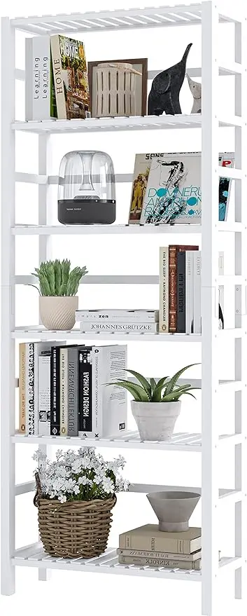 White Bookshelf, 6 Tiers Bamboo Adjustable Tall Bookcase Book Shelf, Free Standing Storage Shelves Organizer for Living R