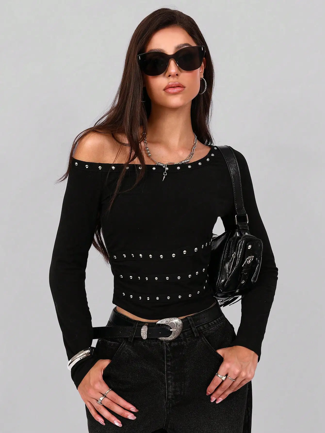 

Black Off-Shoulder Long Sleeve Crop Top with Metal Rivet Detailing