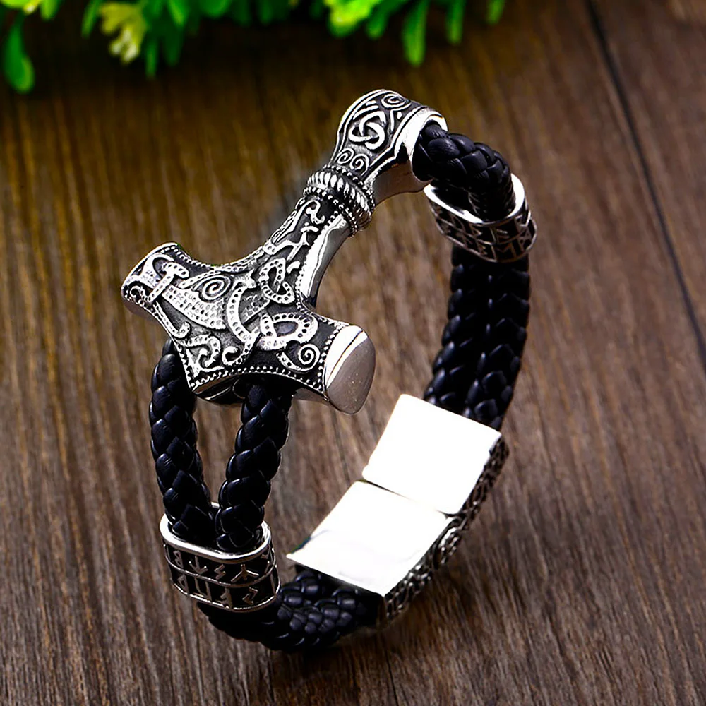 

Men Vintage Double Leather Cord Viking Thor's Hammer Bracelet Stainless Steel Biker Viking Rune Bracelet Fashion Men Jewelry