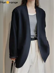 HanOrange 2024, Retro-Mode, ohne Schnalle, Blazer für Damen, Silhouette, lockere Freizeitjacke, Schwarz