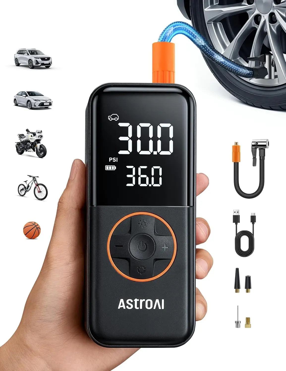 Compresseur d'air portable 150 PSI avec manomètre et lumière LED, gonflage rapide pour pneus de voiture, moto, vélo et ballons