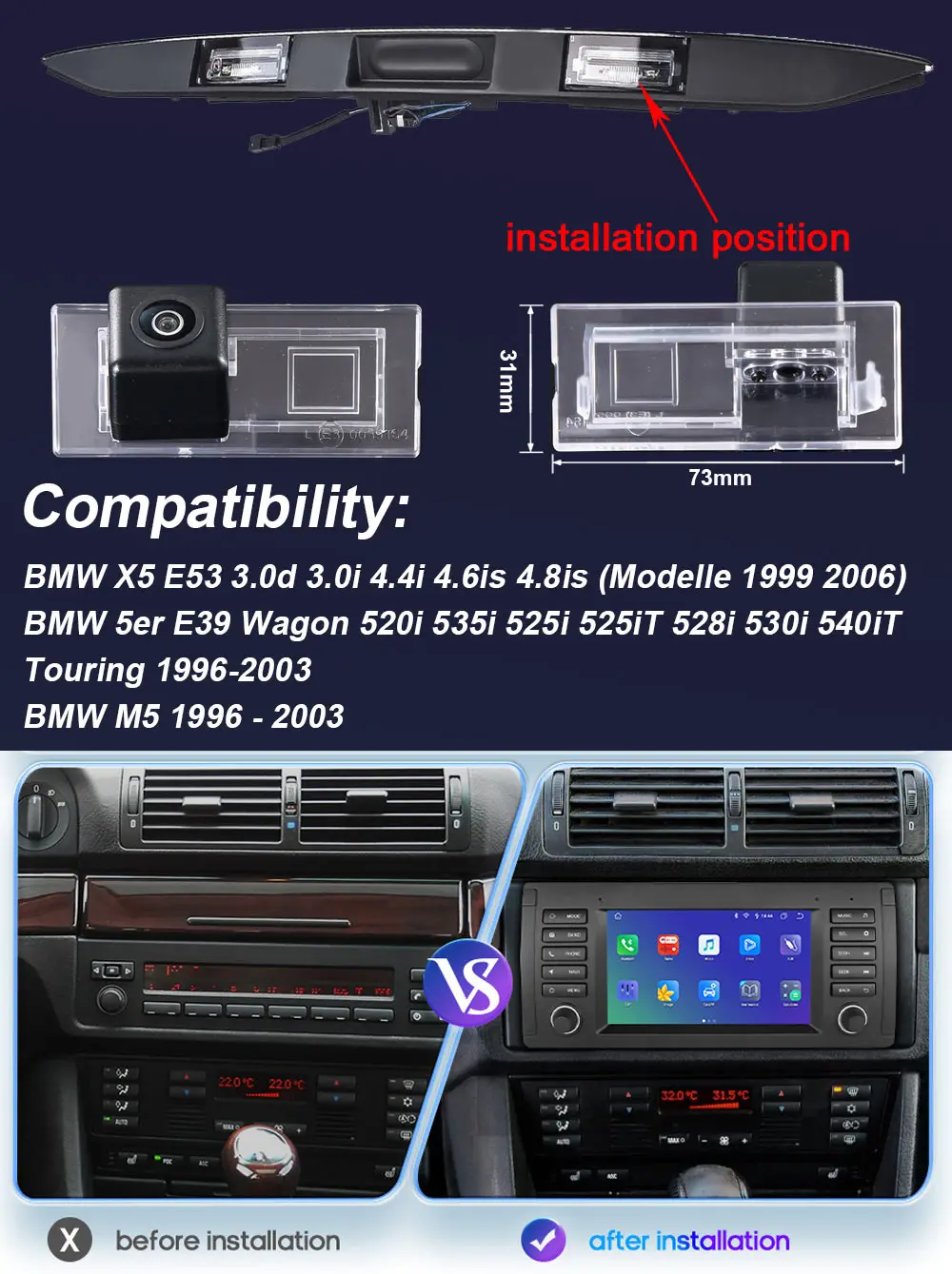 Android 7” car radio with  GPS navigation + HD reverse camera for BMW X5 E53 3.0d 3.0i 4.4i 4.6is 4.8is (Modelle 1999 2006)