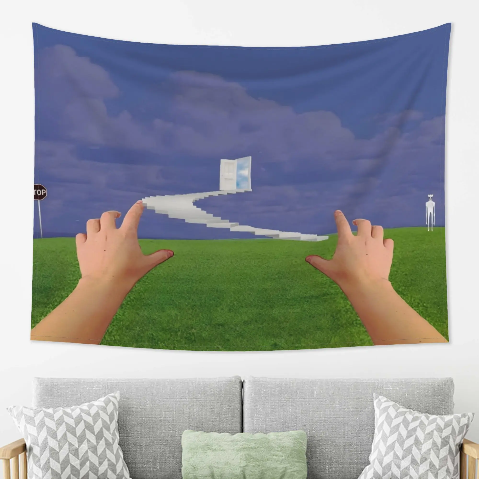 Surreal Psychedelic Tapestry, Green Field, Clouds, Abstract Background, Fabric, Subculture, Dormitory, Bedroom, Hanging Fabric