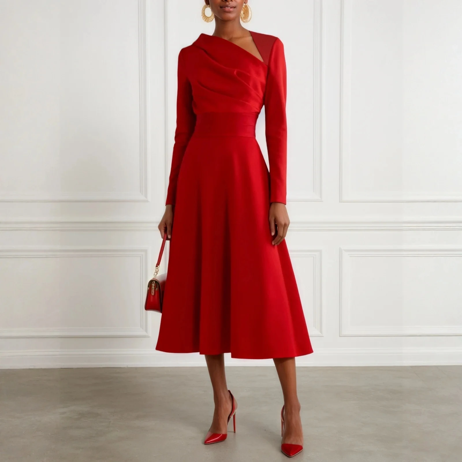 

Female Solid Color Dress Women Daily Business Office Comfortable A Line Dress Lady Diagonal Collar Long Sleeve Casual Dress