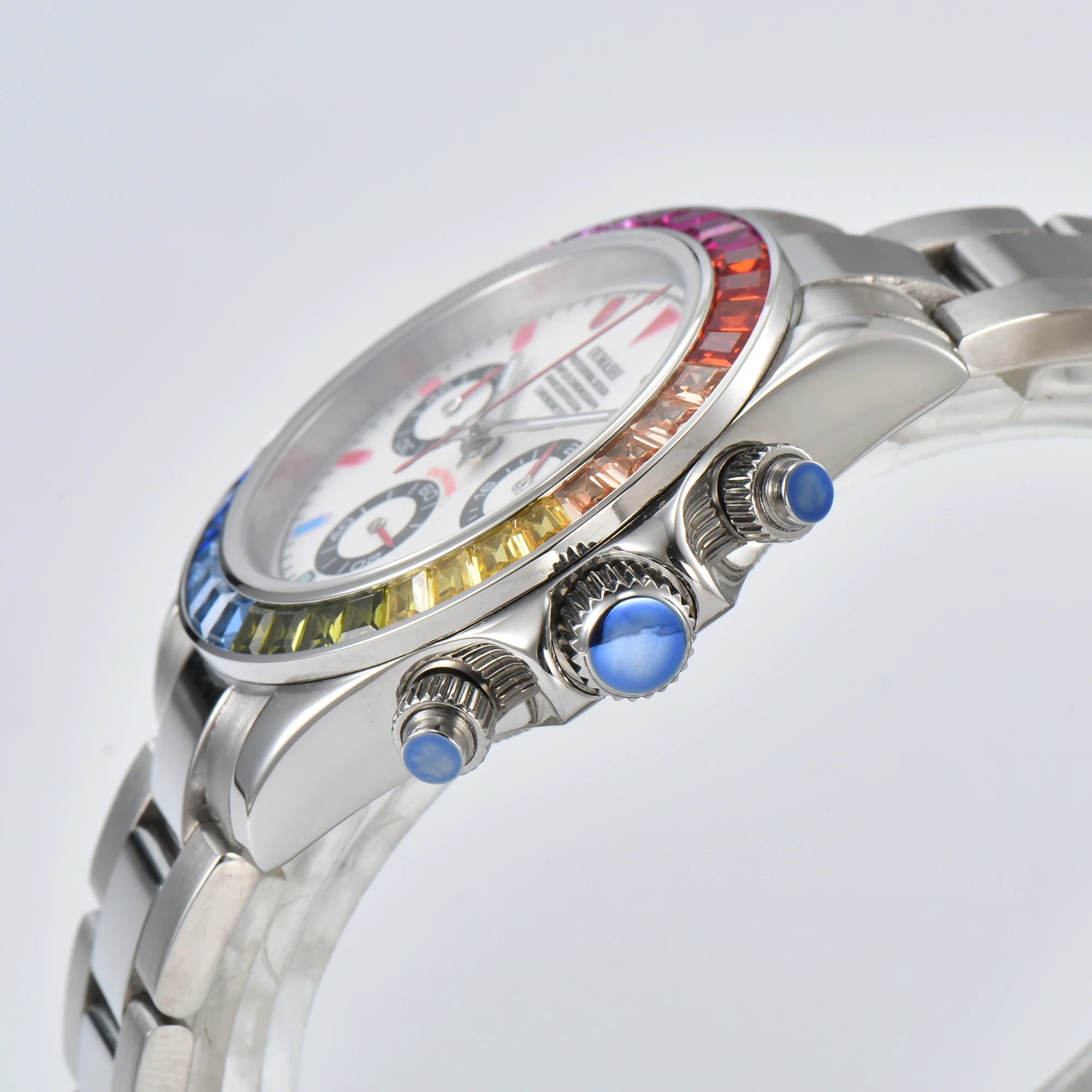 นาฬิกาผู้ชายสแตนเลสนาฬิกาโครโนกราฟลำลองสำหรับผู้ชายกระจกแซฟไฟร์สีหินฝาหน้าควอตซ์นาฬิกา VK63