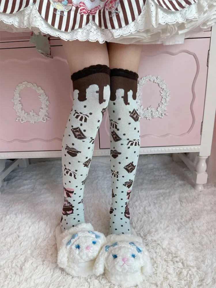 Oryginalne skarpetki do połowy łydki Qiaoqiao Cake, skarpetki bawełniane z motywem ciasteczka czekoladowego, skarpetki LOLITA z koronką, skarpetki damskie do połowy łydki