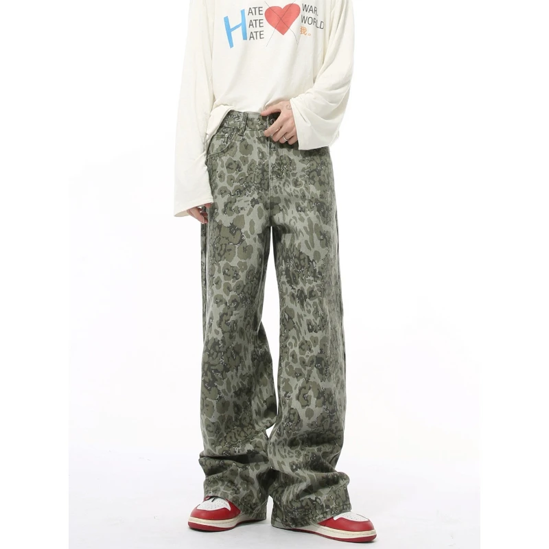 New Men's Leopard Print Wide Leg Jeans Loose Straight Leg Hip Hop Streetwear Denim Pants Casual Vintage Trousers for Male