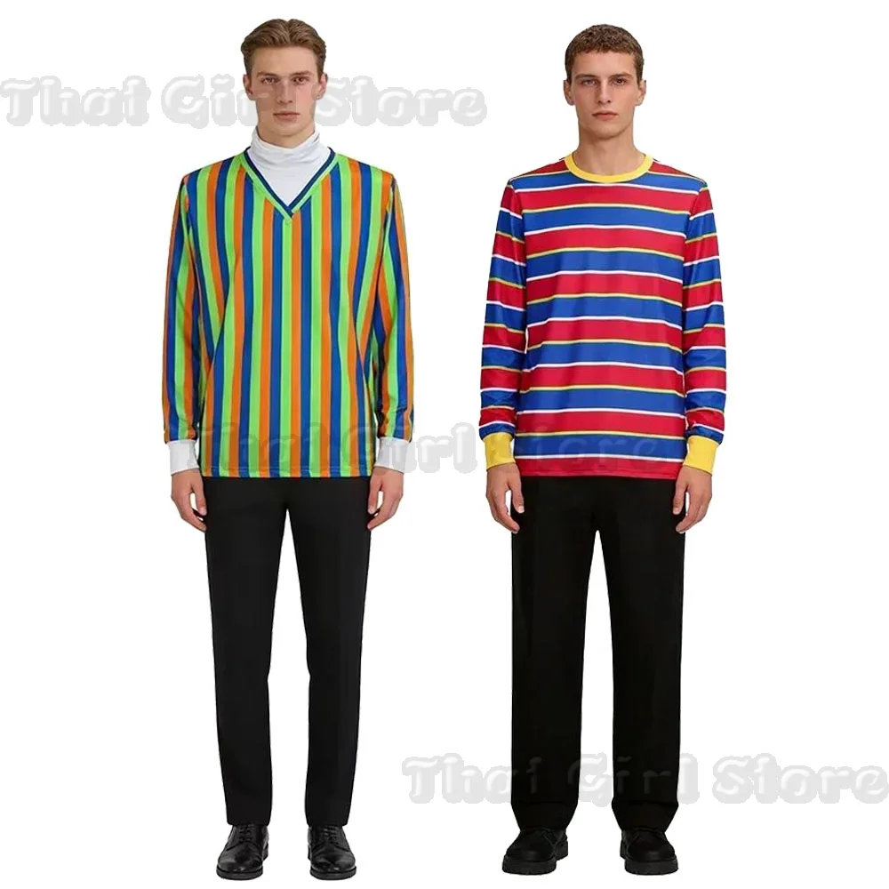 60er 70er Jahre Herren Halloween Cosplay Kostüm Sesamstraße Bert und Ernie Langarm Gestreiftes T-Shirt Halloween-Kostüm