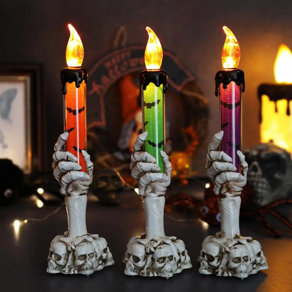 Halloween Candle Holder Light Skeleton Hand Candle Holder Statue LED Flameless Flickering Fake Candle Desktop Figurine