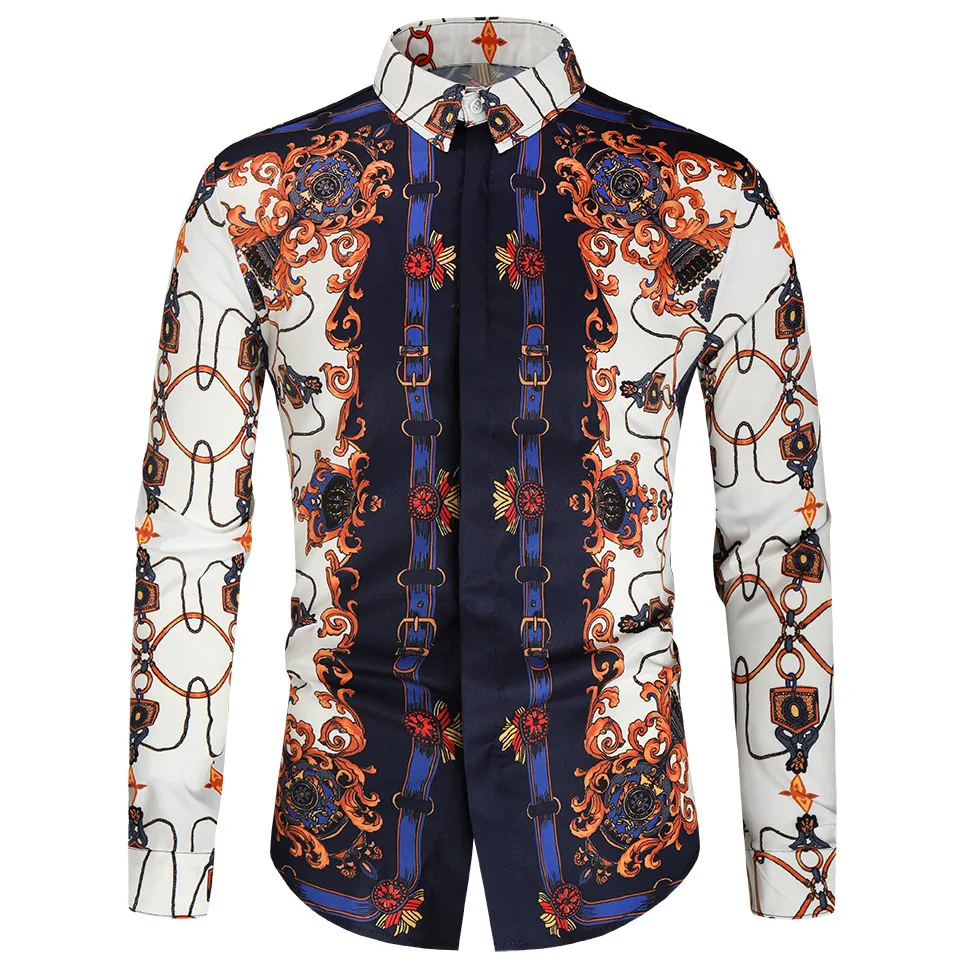 2025 men's fashionable tribal totem print pattern casual high-quality men's long sleeved shirt luxurious high-quality shirt