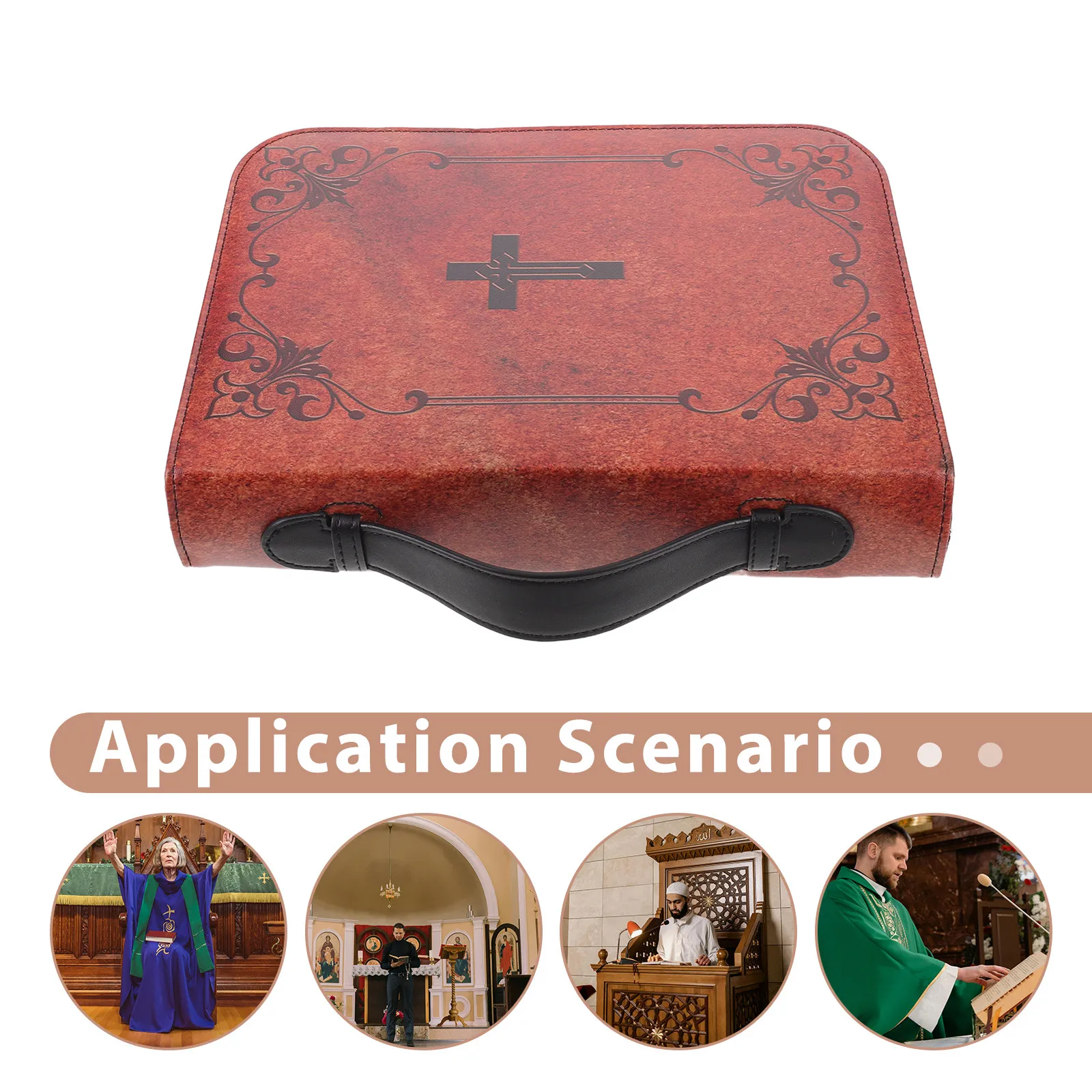 Vintage Aesthetic Bible Cover Case PU Retro Cross Print Scripture Book Protector with Handles for Church Study Travel view 2