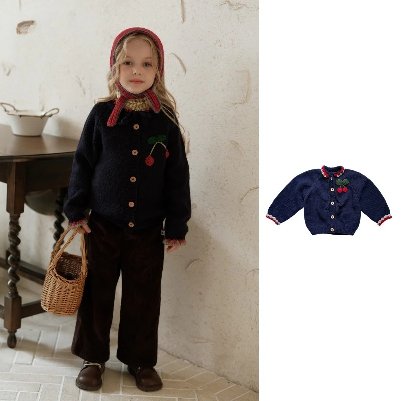 

Children's Navy Blue Sweater Cute Cherry Wool Knitted Cardigan for Boys and Girls