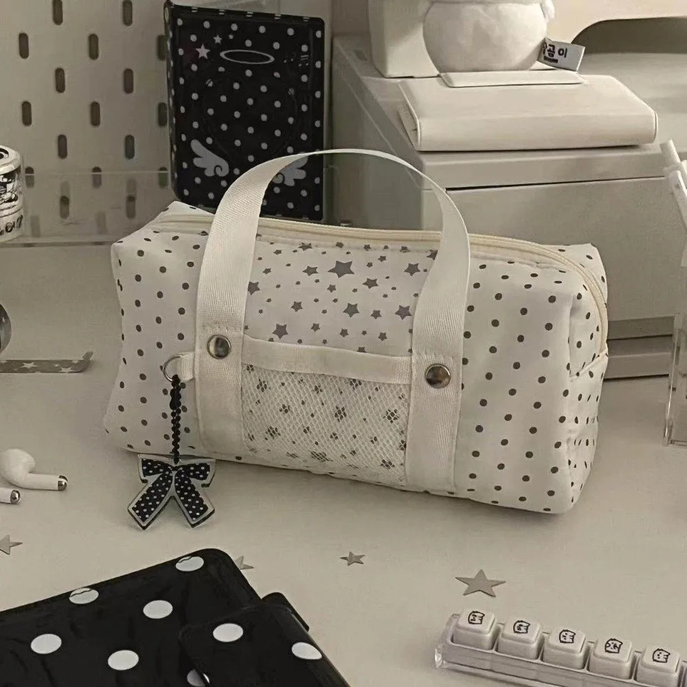 Large Capacity Star Polka Dot Pencil Case Bow Print Zipper Closure Handheld Pencil Pouch Durable Portable Stationery Organizer