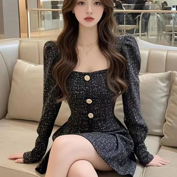 Black Square Neck Dress Women\'s New Style Light Luxury Waist Cinching Slimming A-line Short Skirt