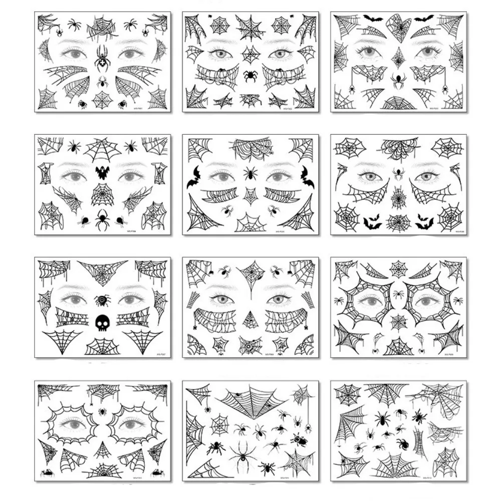 

12Sheets Waterproof Spider Web Face Patch DIY Mouth Halloween Scary Tattoo Body Art Decals Cobwebs Cosplay Props Women Men