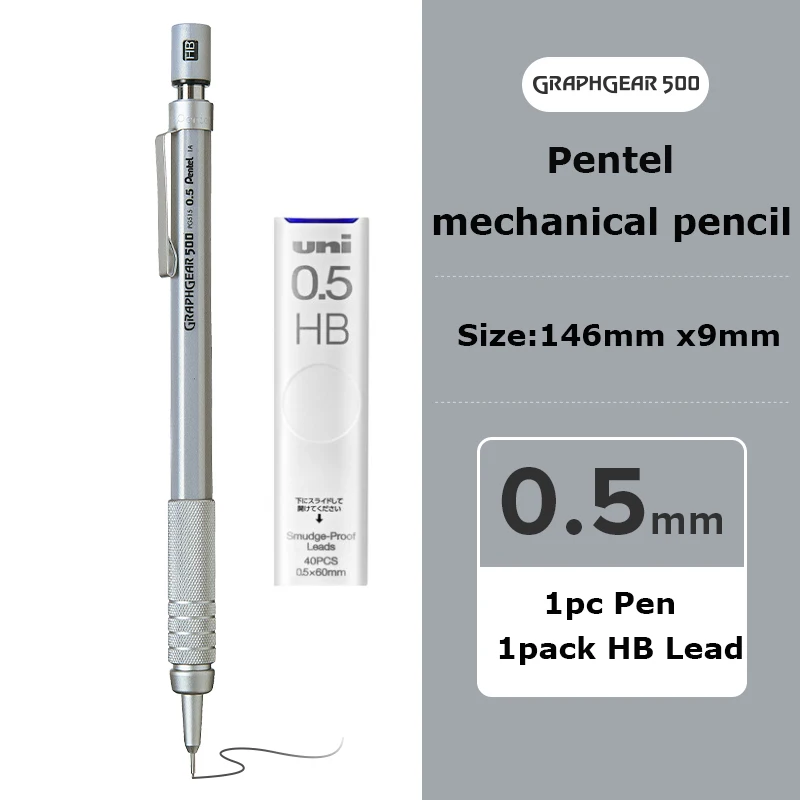 Pentel Graphgear 500 Drafting Druckbleistift Japan Briefpapier 0,3/0,5/0,7/0,9 mm Zeichnung Automatischer Bleistift Eingebauter Radiergummi