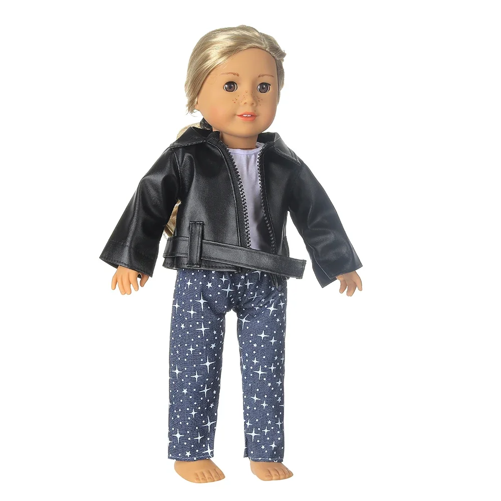 Boneca Outfit para recém-nascido Baby Girl, Conjunto de Roupas de Boneca, Casaco De Couro, T-shirt, Calças, American 18 ", 17", 43cm, 1 Conjunto
