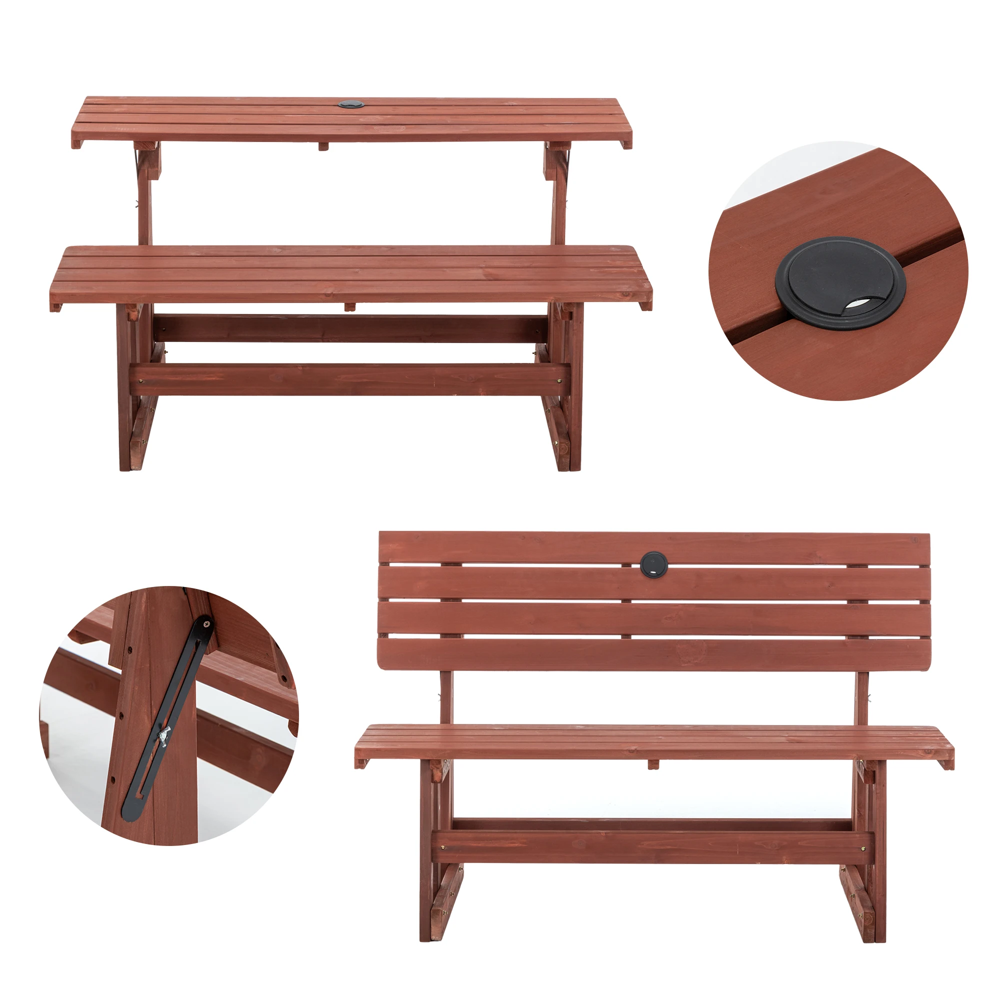 2 in 1 Convertible Folding Bench Picnic Table Solid Wood Waterproof UV Resistant Dining Set Umbrella Hole for Patio Garden