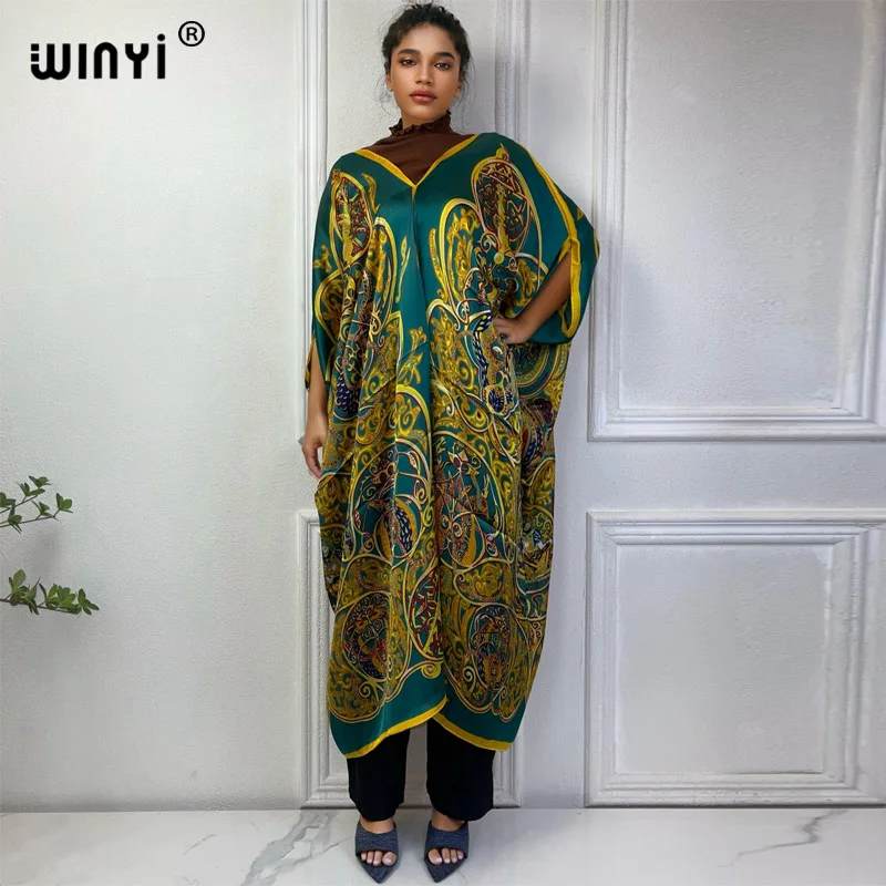 WINYI Summer african v-neck dress Printed beach wear women 2024 Loose Femme Robe Muslim beach cover ups silk feel abito da sera