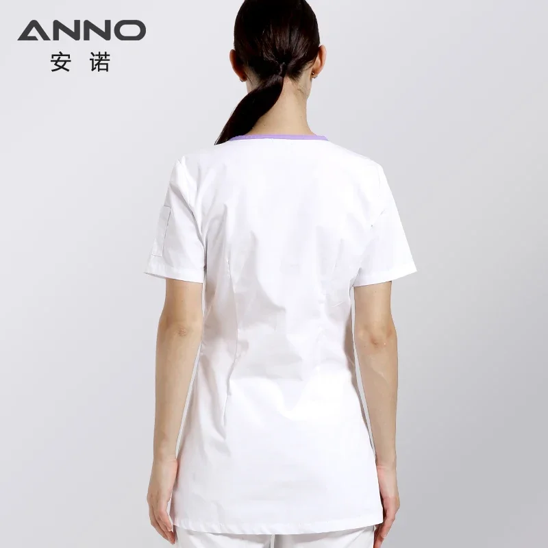 Anno branco manga curta uniformes de enfermeira algodão esfrega para mulheres fino ajuste o pescoço verão salão de beleza uniformes roupas