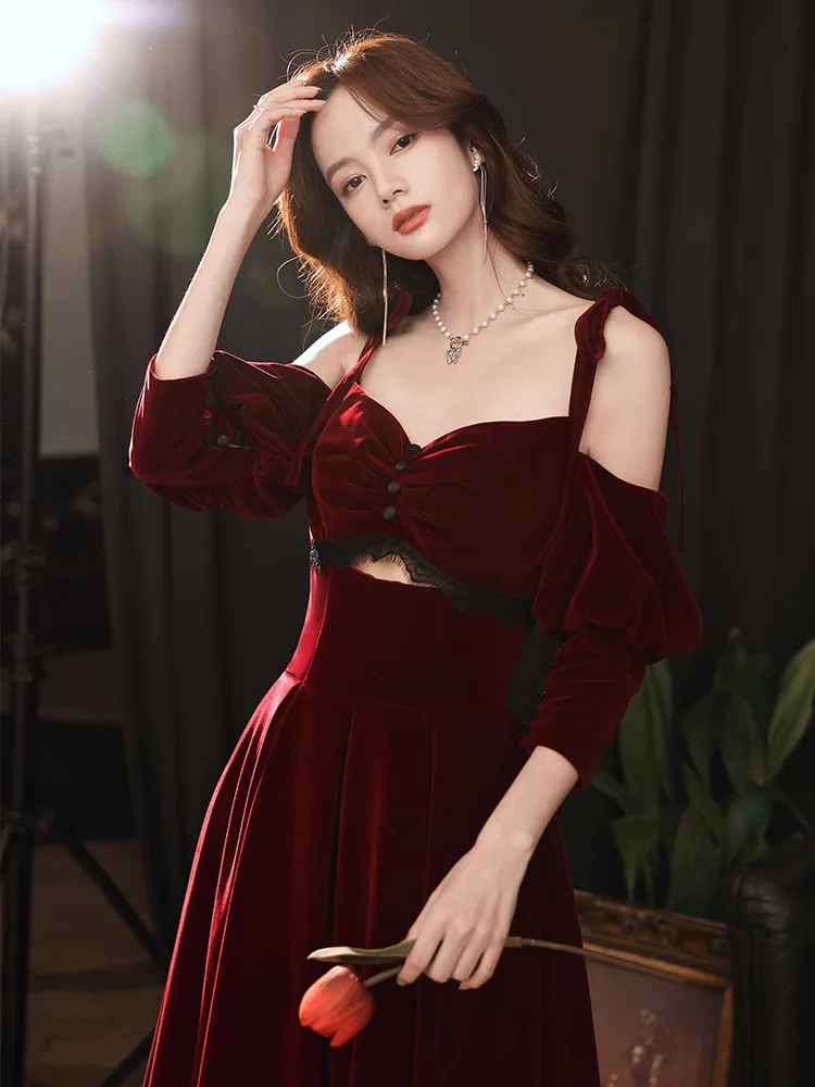 Wine Red Velvet Off Shoulder Wedding Dress Women Bandage Backless Crop Top Evening Dresses Exquisite Elegant Prom Gown