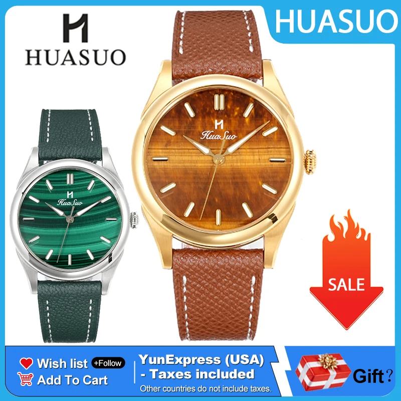 HUASUO 38mm Natural Nemstone Dial Men Watch PT5000 Automatic Mechanical Waterproof Luxury Genuine Leather Business Wristwatch