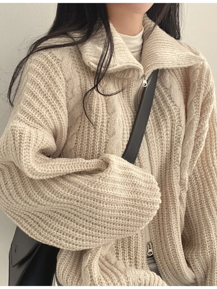 Autumn Winter Knitted Sweater Cardigan Women Korea Lazy Oaf Loose Double Head Zipper Wool Neck  Long Sleeve Ladies Coat Tops