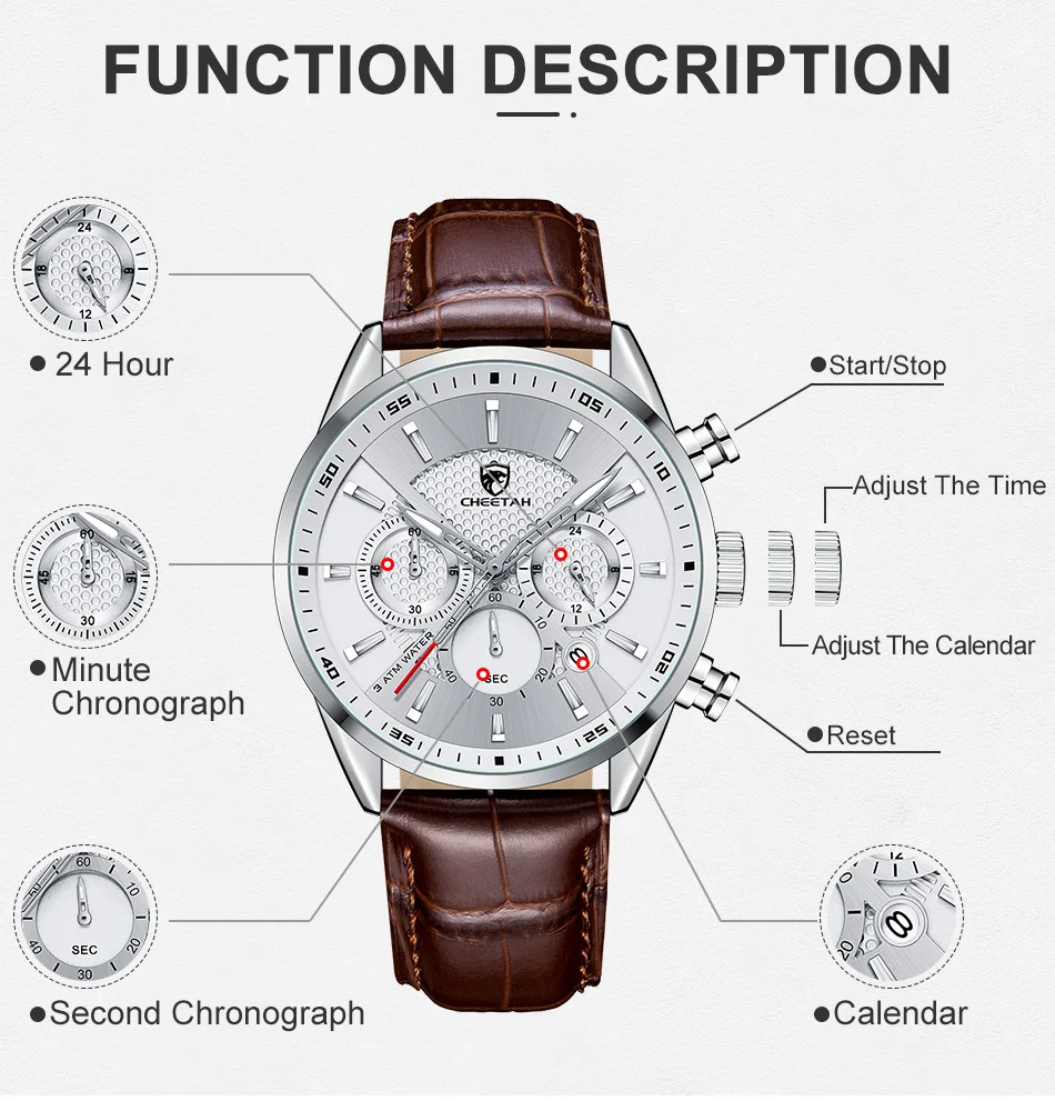 New CHEETAH Mens Watches Top Luxury Brand Casual Quartz Watch Men Chronograph Waterproof Wristwatch Leather Date Sport Clock