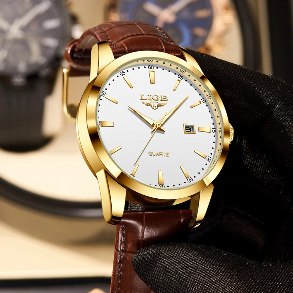 

LIGE New Luxury Watch for Men Military Leather Man Wristwatch Quartz Clock Waterproof Luminous Date Week Men's Watches Reloj+box