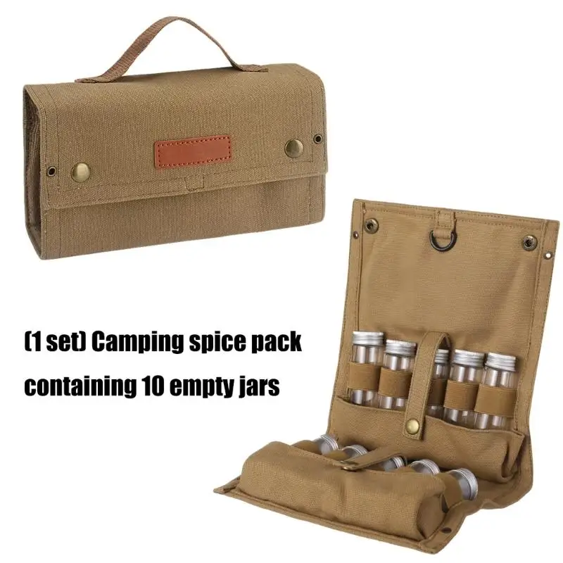 652F Portable Travel Spices Kits Seasoning Storage Bag with 10 Spices Jar Folding Seasoning for Outdoor Cooking, BBQ