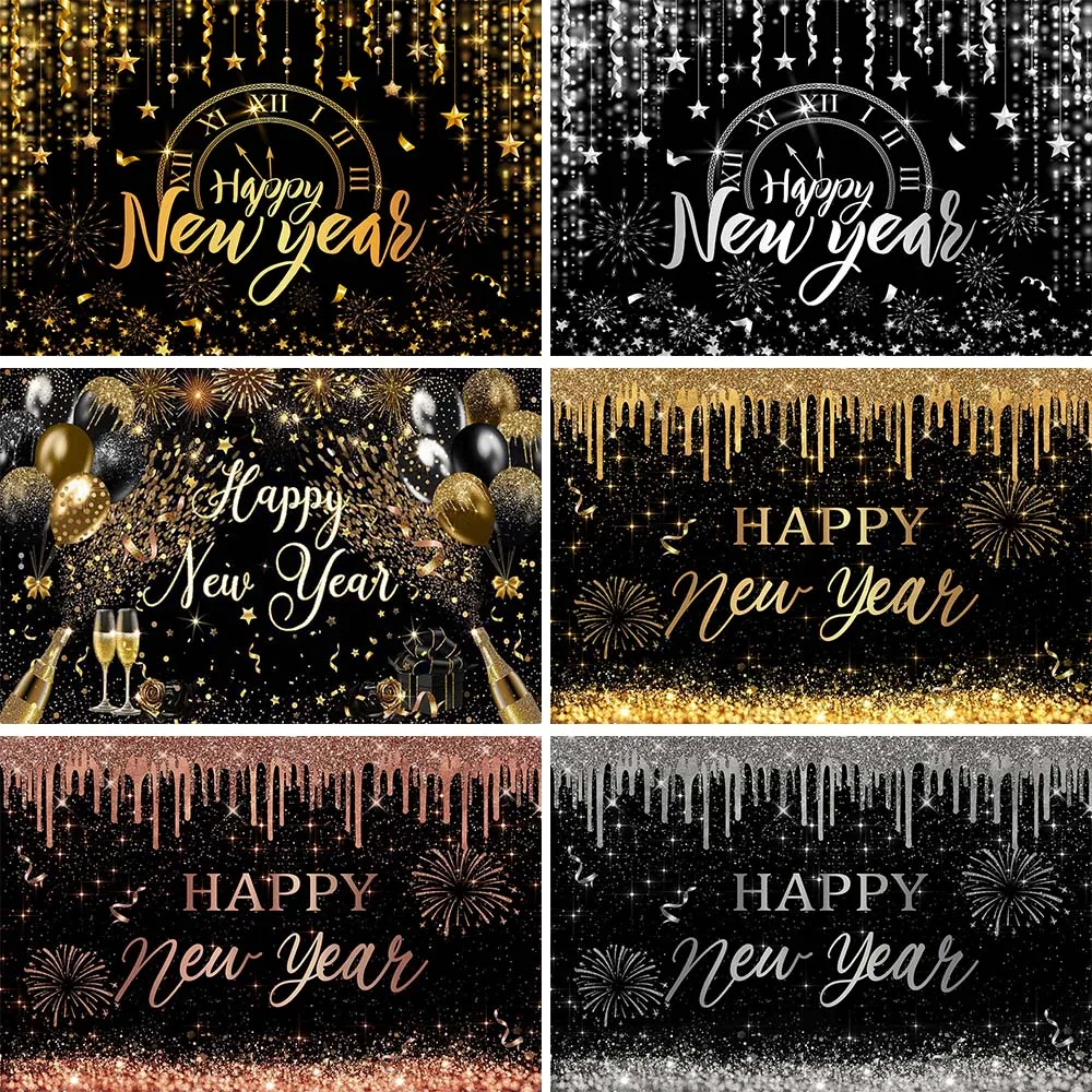 

Mocsicka Happy New Year Photo Background Glitter Golden New Year's Eve Party Decor Festival Family Portrait Photography Backdrop